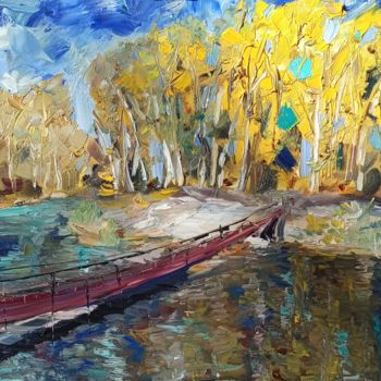Painting titled "Осенний этюд с реко…" by Natalia Biryukova, Original Artwork, Oil Mounted on Wood Stretcher frame