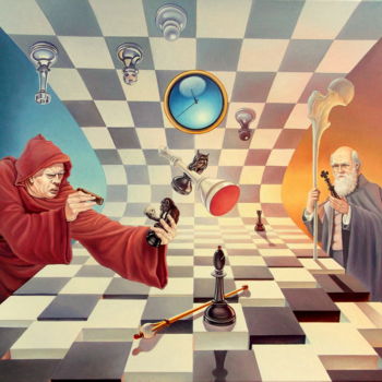 Pittura intitolato "Darwin vs Torquemada" da Gyuri Lohmuller, Opera d'arte originale, Olio Montato su Telaio per barella in…