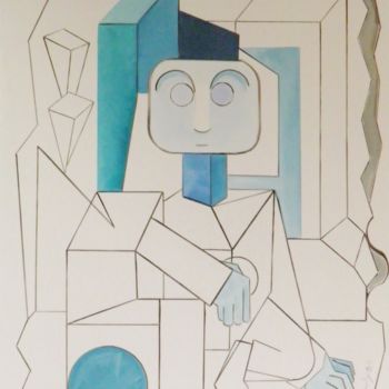 Schilderij getiteld "Robotick" door Marc Bulyss, Origineel Kunstwerk, Olie Gemonteerd op Frame voor houten brancard