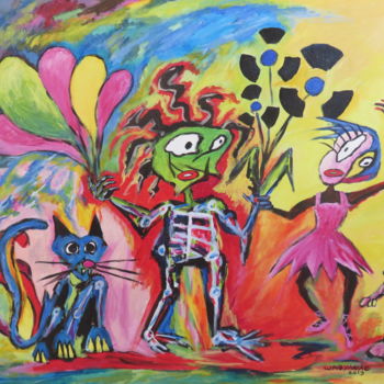 Peinture intitulée "Boy Cat and Black B…" par Wabyanko, Œuvre d'art originale, Acrylique