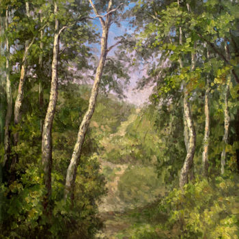 Painting titled "Path with the birch…" by Ruslan Vigovsky, Original Artwork, Oil
