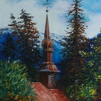 Pintura titulada "Chapelle à Samoëns" por Noelle Huin, Obra de arte original, Oleo Montado en Bastidor de camilla de madera