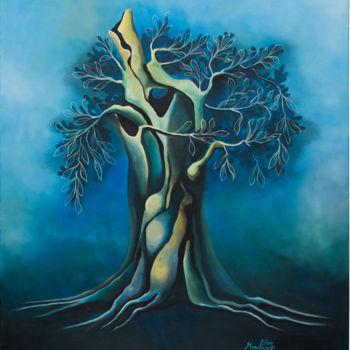 Schilderij getiteld "Ελιά σε μπλέ" door Lilian Manolakaki (lm artist), Origineel Kunstwerk, Olie
