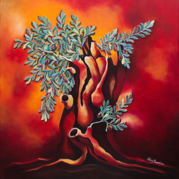 Schilderij getiteld "Ελιά σε κόκκινο" door Lilian Manolakaki (lm artist), Origineel Kunstwerk, Olie