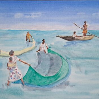 Peinture intitulée "Les pêcheurs Vezo" par Pascale Coutoux, Œuvre d'art originale, Aquarelle