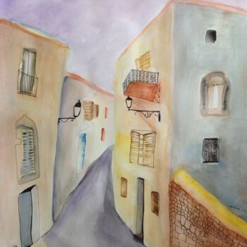 Ζωγραφική με τίτλο "street in Safed 3" από Janna Shulrufer, Αυθεντικά έργα τέχνης, Ακουαρέλα