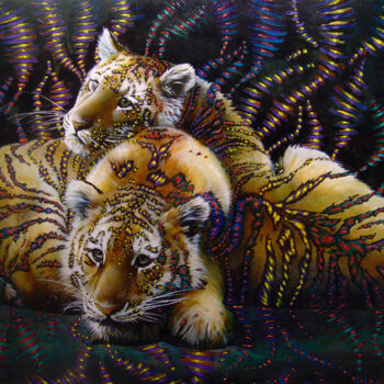 Картина под названием "Tiger cubs" - Sergey And Vera, Подлинное произведение искусства, Масло