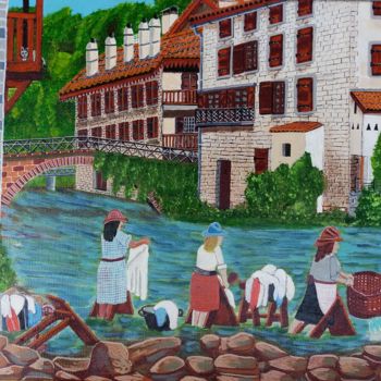 Schilderij getiteld "les lavandieres" door Gilbert Devesa, Origineel Kunstwerk, Acryl Gemonteerd op Frame voor houten branca…