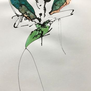 Dessin intitulée "Green butterfly" par Lili Ks, Œuvre d'art originale, Encre