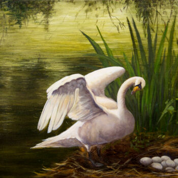 Ζωγραφική με τίτλο "The Swan's Secret" από Jane Moore, Αυθεντικά έργα τέχνης, Λάδι Τοποθετήθηκε στο Ξύλινο φορείο σκελετό