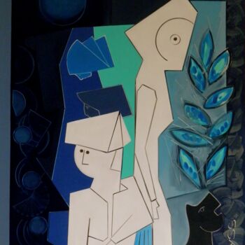 Painting titled "Stellar moon Human" by Marc Bulyss, Original Artwork, Oil Mounted on Wood Stretcher frame