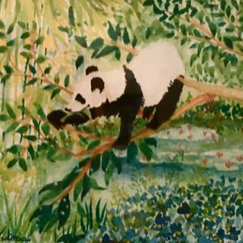 Ζωγραφική με τίτλο "Panda dans le jardi…" από Victoria, Αυθεντικά έργα τέχνης, Ακουαρέλα