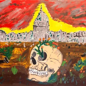 Painting titled "La fine dell’Antrop…" by Mario Pratesi, Original Artwork, Oil