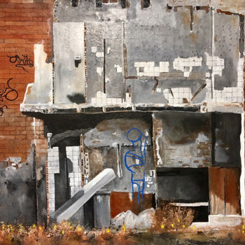 Painting titled "Desolated Backyard" by Mats Pehrson, Original Artwork, Oil Mounted on Wood Stretcher frame