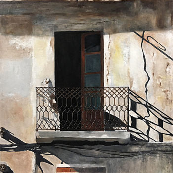 Painting titled "Dog on Balcony" by Mats Pehrson, Original Artwork, Oil Mounted on Wood Stretcher frame