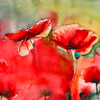 Pittura intitolato "Poppy field" da Ewa Helzen, Opera d'arte originale, Acquarello