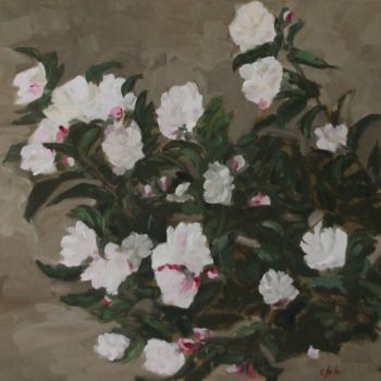 Peinture intitulée "Les Camélias Sasanq…" par Chéker, Œuvre d'art originale, Huile Monté sur Châssis en bois
