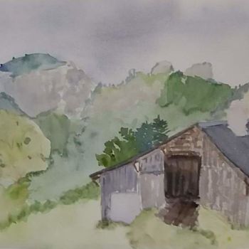Painting titled "chalet dans la plai…" by Pascale Coutoux, Original Artwork, Watercolor