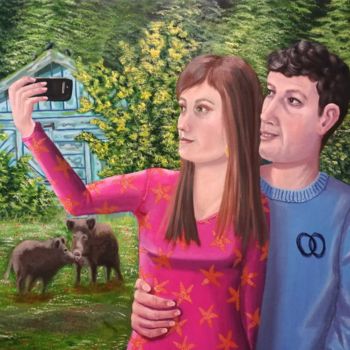 Painting titled "Selfie" by Elke Thiébaut, Original Artwork, Oil Mounted on Wood Stretcher frame
