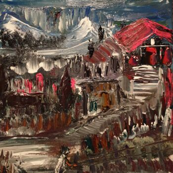 Painting titled "THE CABIN IN MOUNTA…" by Pascal Jung, Original Artwork, Oil