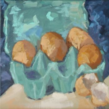 Peinture intitulée "La Boîte à oeufs" par Chéker, Œuvre d'art originale, Huile Monté sur Châssis en bois