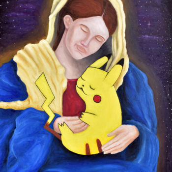 Painting titled "Madona with sleepin…" by Ana Valentim, Original Artwork, Oil