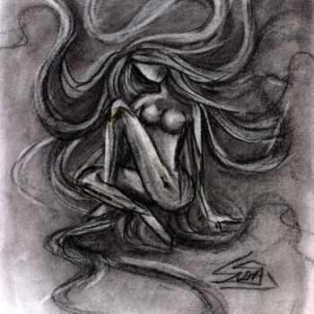Dessin intitulée "LOST IN HER OWN WOR…" par Suddha Sama, Œuvre d'art originale, Fusain