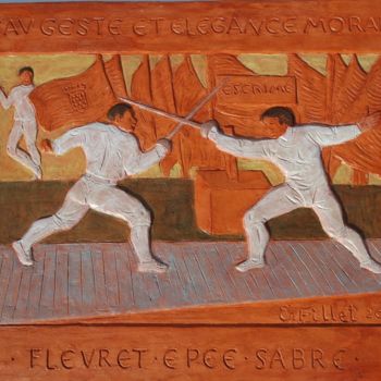 Sculpture titled "Combat d'escrime" by Elisabeth Fillet, Original Artwork, Plaster