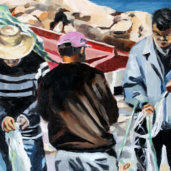 Schilderij getiteld "Pêcheurs demelant l…" door Pascal Brachet, Origineel Kunstwerk, Olie