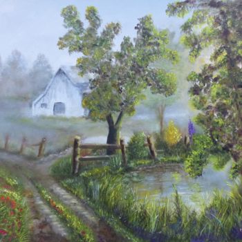 Painting titled "La brume du matin" by H. Oriaut, Original Artwork, Oil Mounted on artwork_cat.