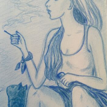 「smoking girl and cat」というタイトルの絵画 Tatiana Shirovaによって, オリジナルのアートワーク, コンテ
