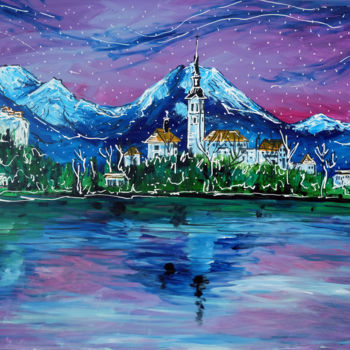 Painting titled "Lake Bled" by Laura Hol, Original Artwork, Acrylic Mounted on Wood Stretcher frame