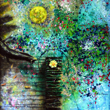 Schilderij getiteld "Blooms in Full Moon" door Kasun Wickramasinghe, Origineel Kunstwerk, Acryl Gemonteerd op Frame voor hou…