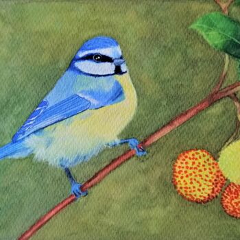 Painting titled "Chapim azul num med…" by Inês Dourado, Original Artwork, Watercolor