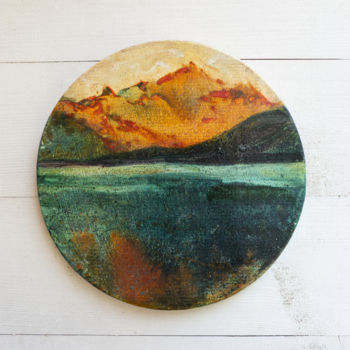 Painting titled "AT SUNDOWN oil roun…" by Masha Danilovskaia, Original Artwork, Oil Mounted on Wood Panel