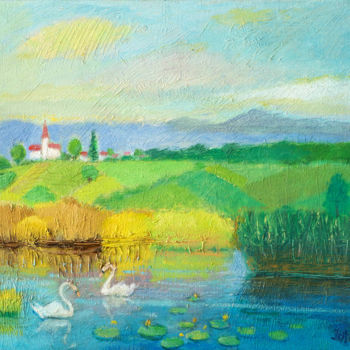Painting titled "Swan lake" by Vladimir Bašić Šoto, Original Artwork, Oil
