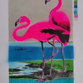 Printmaking titled "'Flamingoes' - Neon…" by Dylan Bell (Bells Galleries), Original Artwork, Spray paint