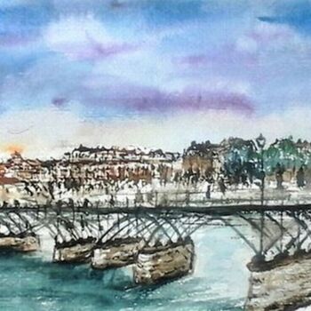 Pintura intitulada ""Le Pont des Arts"" por Jean-Pierre Missistrano, Obras de arte originais, Aquarela
