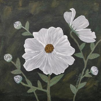Painting titled "Cosmic White Flowers" by Gitika Singh, Original Artwork, Acrylic Mounted on Wood Stretcher frame