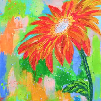 Painting titled "Orange Gerbera" by Liudmyla Riabkova, Original Artwork, Oil Mounted on Wood Stretcher frame