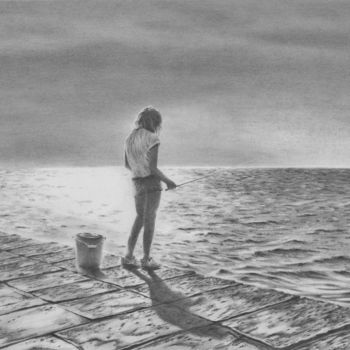 Zeichnungen mit dem Titel "FishingGirl" von Ronald Firla, Original-Kunstwerk, Bleistift