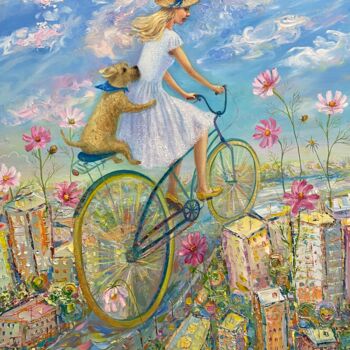 Malerei mit dem Titel "Bicycle rider" von Iuliia Abramoshvili, Original-Kunstwerk, Öl Auf Keilrahmen aus Holz montiert