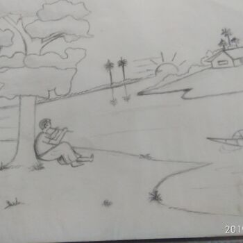 Drawing titled "Village scenic beau…" by Krishna Art Gallery, Original Artwork, Pencil