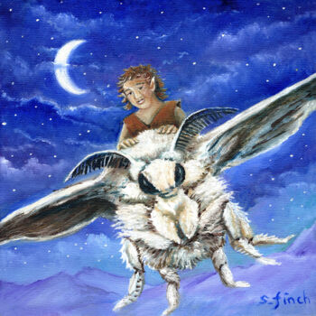 Painting titled "Elf Moth Rider" by Sonia Finch, Original Artwork, Oil Mounted on Wood Stretcher frame