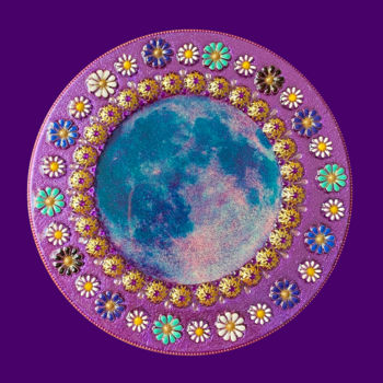 Malerei mit dem Titel "Lune des fleurs" von Mona Bessaa, Original-Kunstwerk, Collagen Auf artwork_cat. montiert