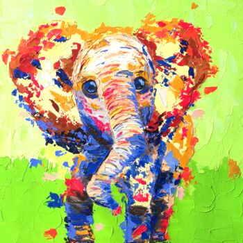 Painting titled "Funny elephant danc…" by Liudmyla Riabkova, Original Artwork, Oil