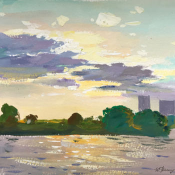 「Cream sunset」というタイトルの絵画 Yuliia Pastukhovaによって, オリジナルのアートワーク, グワッシュ水彩画