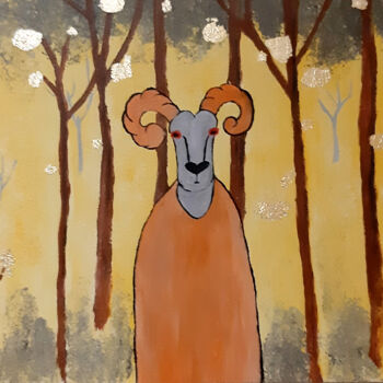 Painting titled "Ram in the magic fo…" by Poly, Original Artwork, Acrylic Mounted on Wood Panel