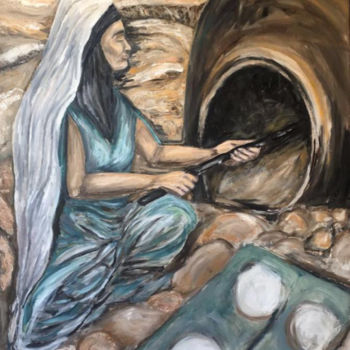 Painting titled "Femme au four écolo…" by Manar Abou Elaoula (A’M), Original Artwork, Oil Mounted on Wood Stretcher frame