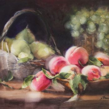 Peinture intitulée "Pêches et poires" par Sylvie Vernageau, Œuvre d'art originale, Aquarelle